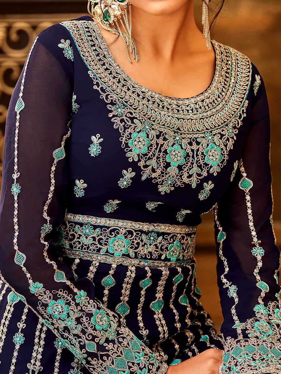 Myra Navy Blue and Sea Blue Pure Georgette Embroidered Party Wear Suit