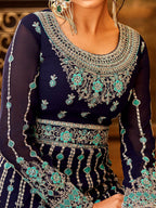 Myra Navy Blue and Sea Blue Pure Georgette Embroidered Party Wear Suit