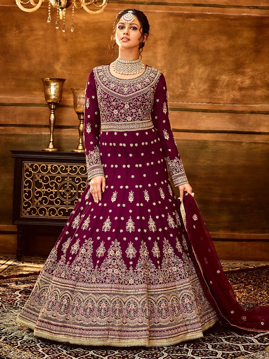 Myra Maroon Pure Georgette Embroidered Party Wear Suit