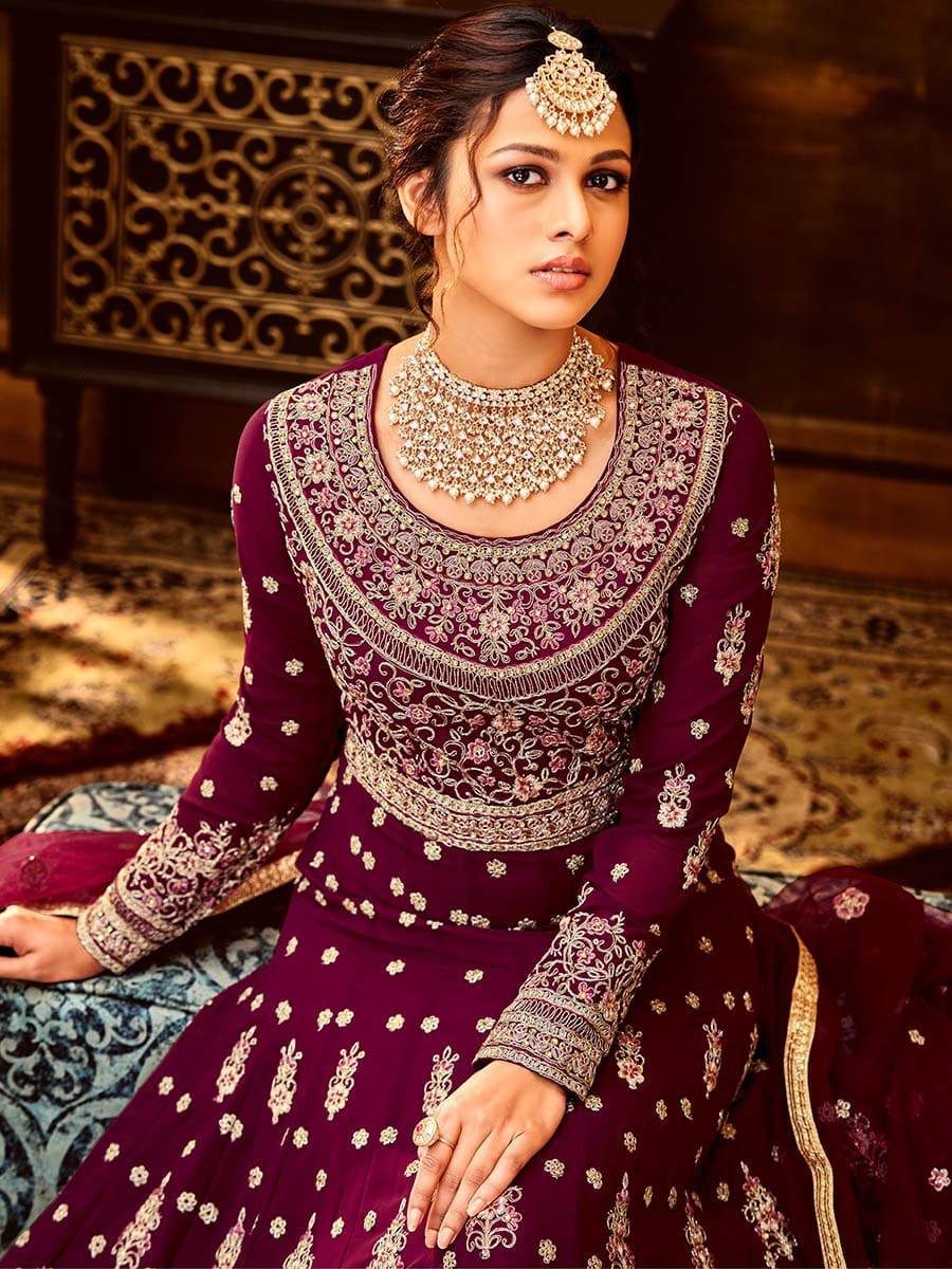 Myra Maroon Pure Georgette Embroidered Party Wear Suit