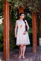 Aayaa Designer Multi Thread Hand Work Khadi Cotton One Piece Dress - Off White