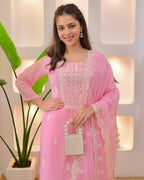 The52 Pink Women's Beautiful Chikankari Work Chanderi Fabric Straight Kurta Pant and Dupatta Set - Distacart