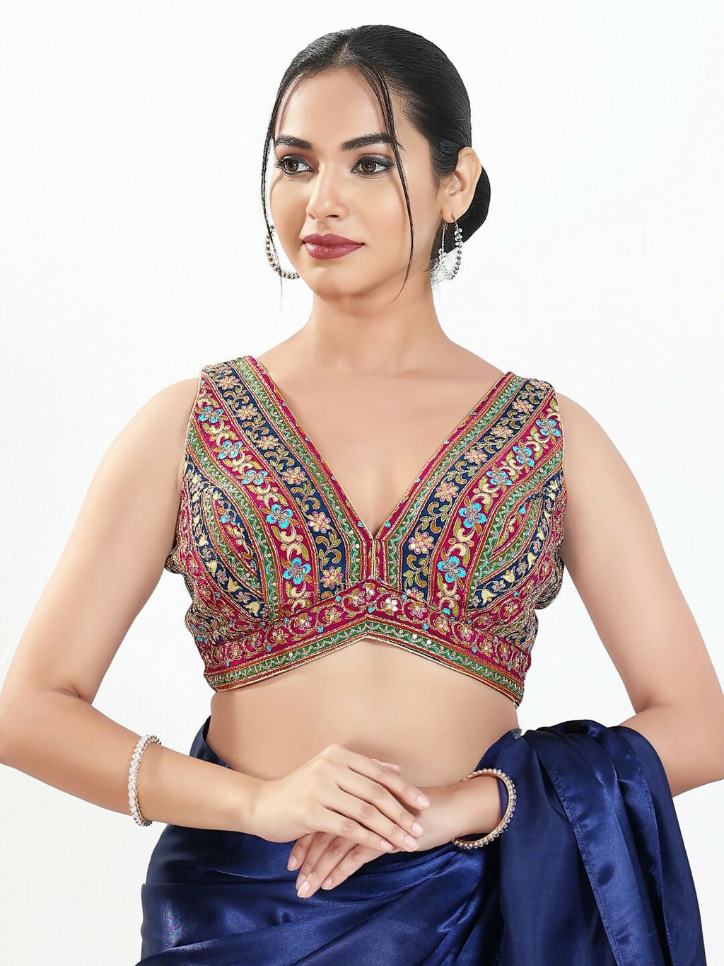 Joban Fashion Magenta Multi Georgette Padded Blouse With V Neck Sleeveless - Distacart