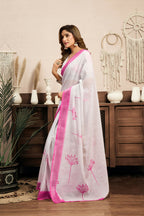 Vastranavya White Digital Printed Linen Ready To Wear Designer Saree with Unstitched Blouse - Distacart