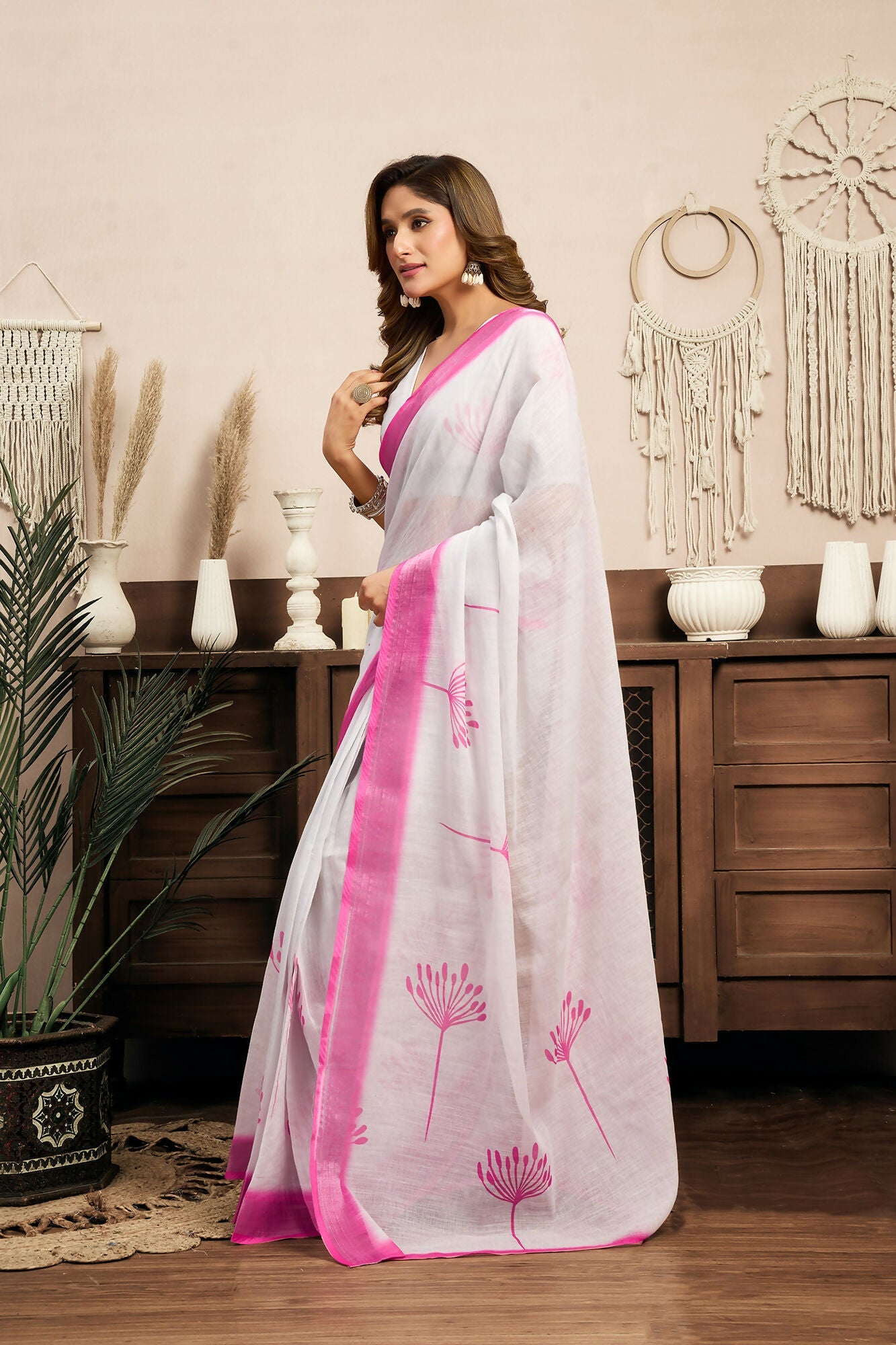 Vastranavya White Digital Printed Linen Ready To Wear Designer Saree with Unstitched Blouse - Distacart