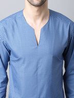 Even Apparels Blue Checked Men's Kurta With Band Collar - Distacart