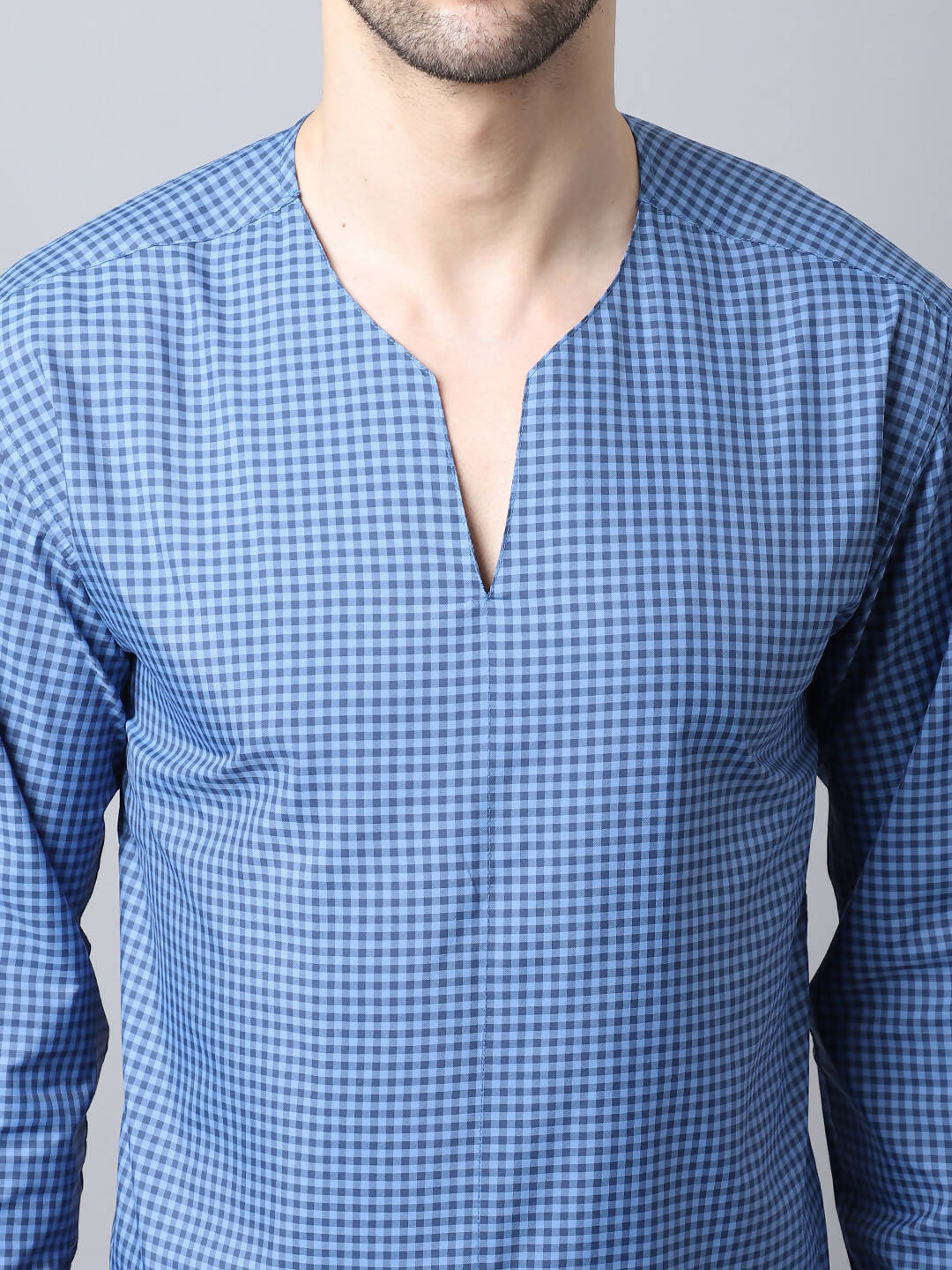 Even Apparels Blue Checked Men's Kurta With Band Collar - Distacart