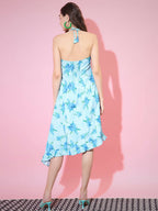 Myshka Women's Blue Floral Printed Fit and Flare Dress - Distacart