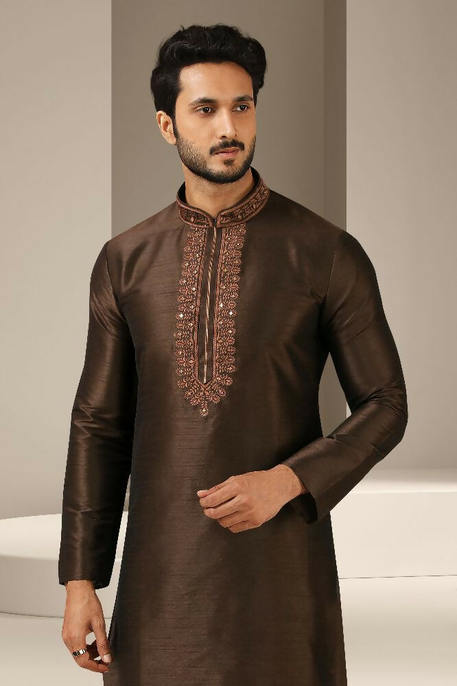 Raivat Ethnic Banarasi Art Silk Mirror Work Kurta Pajama In Brown Colour - Distacart