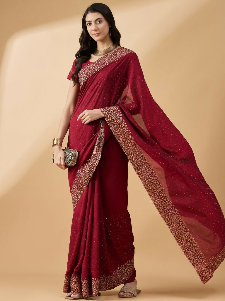 Maroon Silk Blend Embroidered Saree with Unstitched Blouse - Vairagi