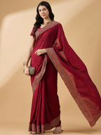 Maroon Silk Blend Embroidered Saree with Unstitched Blouse - Vairagi