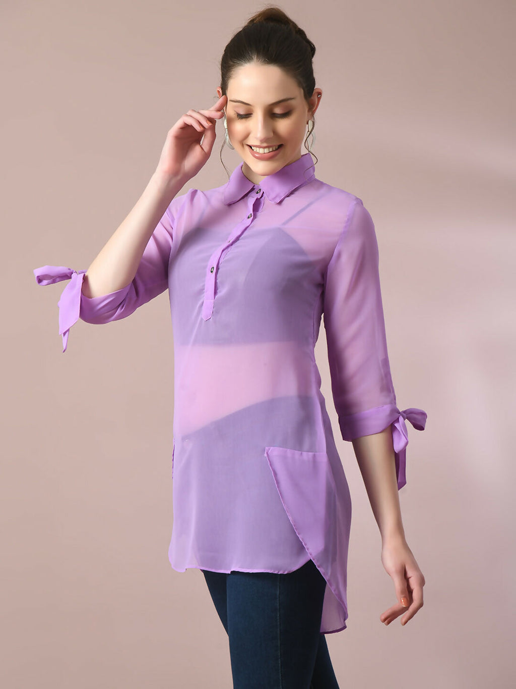 Myshka Women's Lavender Solid Georgette Longline Party Sheer Tunic