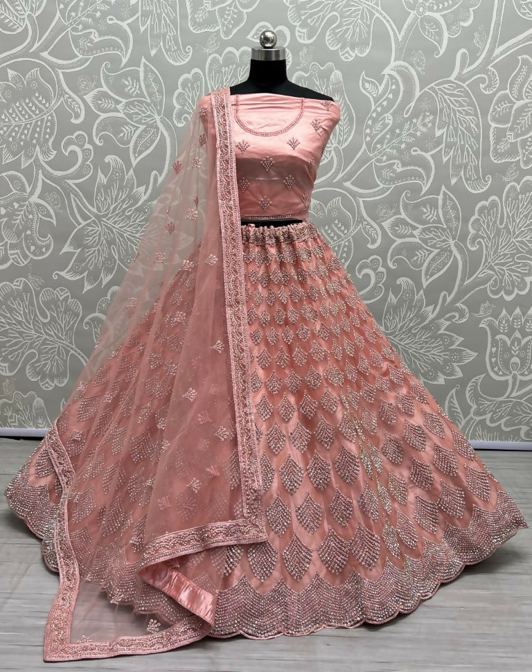 Jyoti Fashion Women's Pink Bridal Net Fancy Dori & Multi Thread Embroidered with Zircon Diamond Work Wedding Lehenga Choli