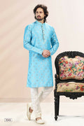 Raivat Ethnic Jacquard Banarasi Silk Pintux Work Kurta Pajama In Blue Colour