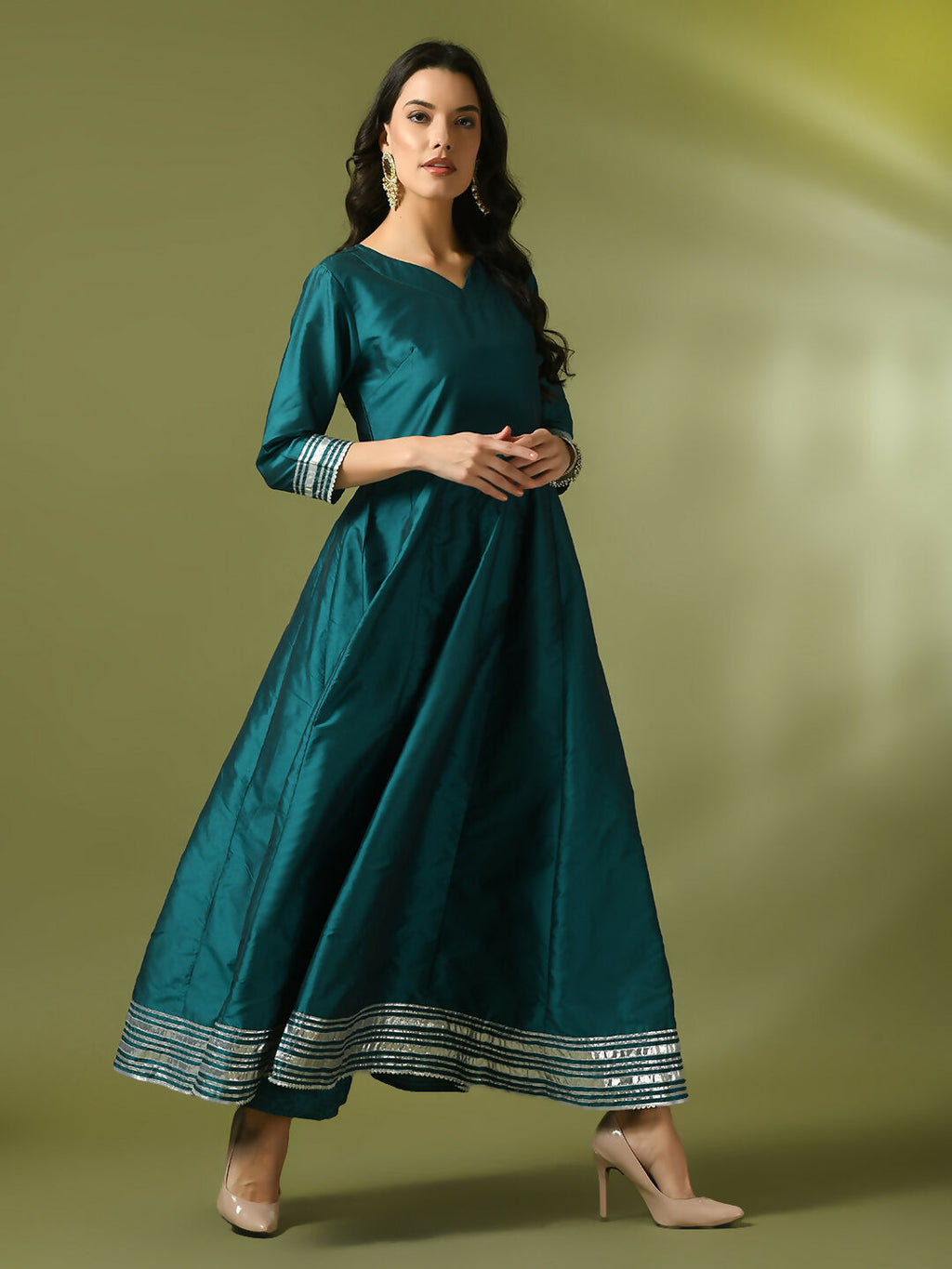 Myshka Women's Teal Solid Silk Anarkali Party Kurta