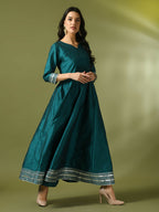 Myshka Women's Teal Solid Silk Anarkali Party Kurta