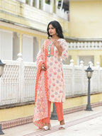 Juniper Women's Peach Floral Printed Cotton Kurta Pant With Dupatta Set With Sequins & Thread Work