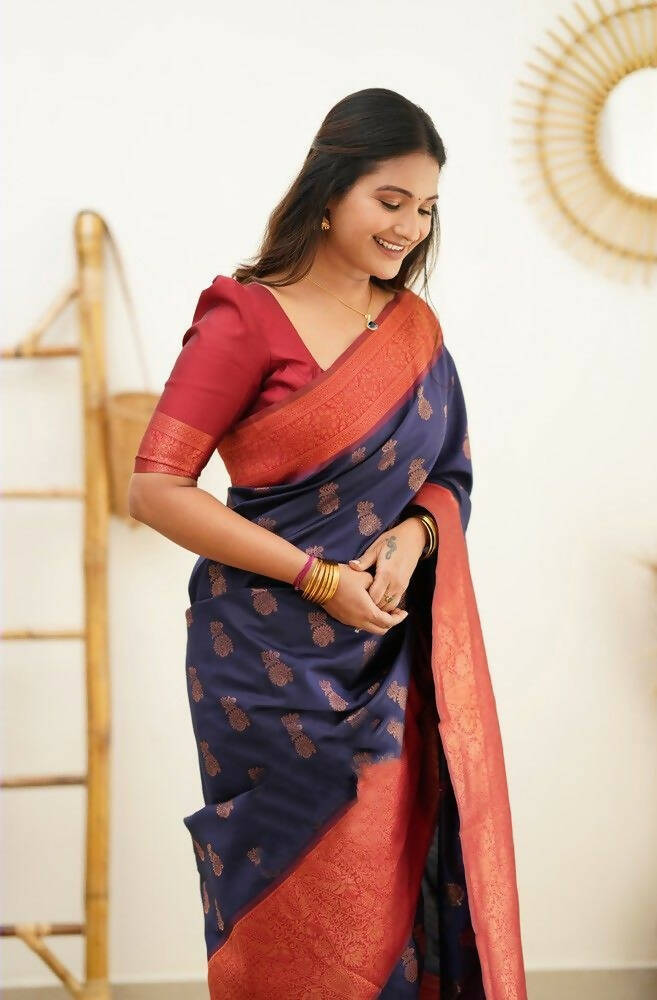 DEIANA'S Beautiful Designer Golden zari Soft Lichi Silk Saree - Blue