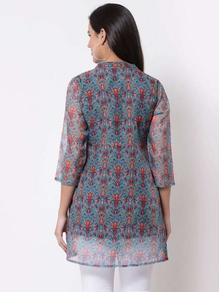 Myshka Women's Beautiful Organza Printed Printed 3/4 Sleeve Round Neck Casual Multicolor Tunic