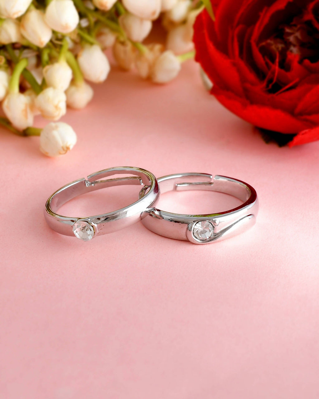 VOJ Stainless Steel Cubic Zirconia Silver Plated Adjustable Ring Set for Couple