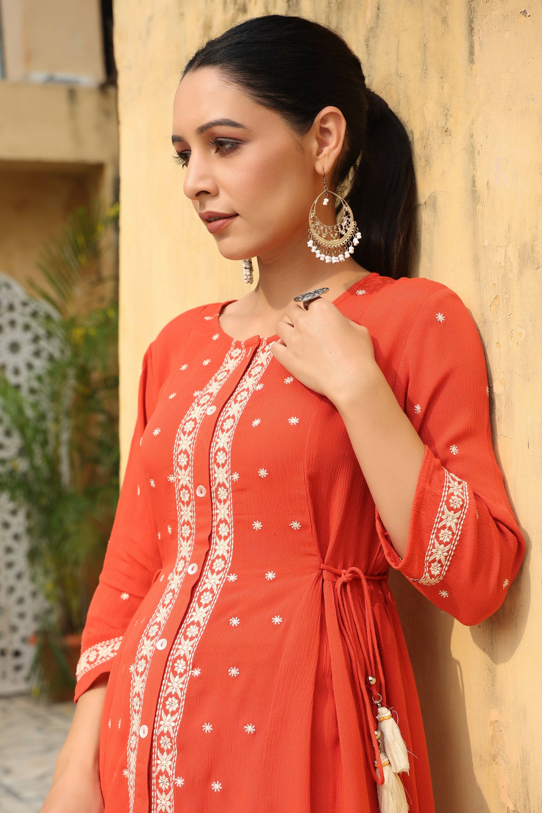Juniper Women's Orange Rayon Crepe Embroidered Tunic - Distacart