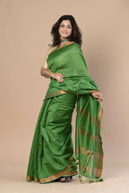 Very Much Indian Handloom Cotton Silk Maheshwari Saree With Sleek Golden Border - Leaf Green