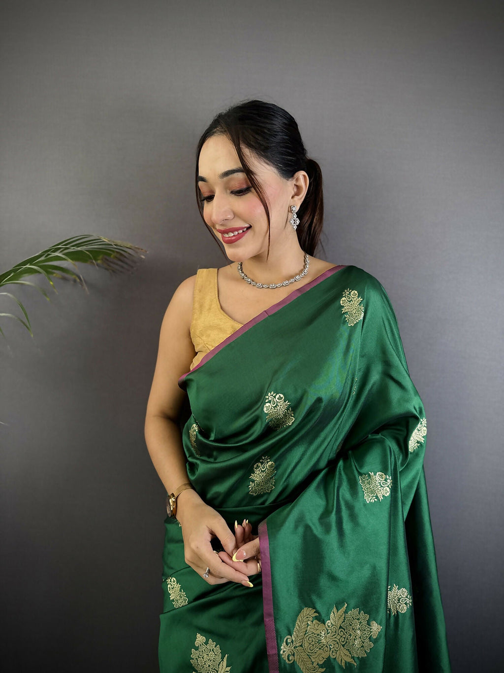 Joban Fashion Dark Green Banarasi Lichi Silk Gold Zari Meena Saree - Distacart