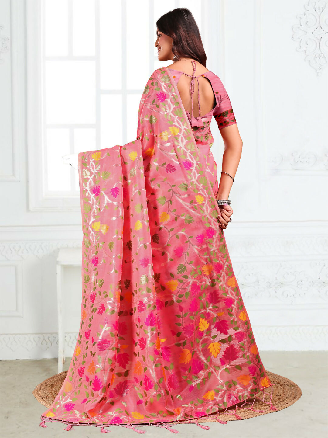 Shree Shyam Fashion Linen Cotton Pink Saree - Distacart