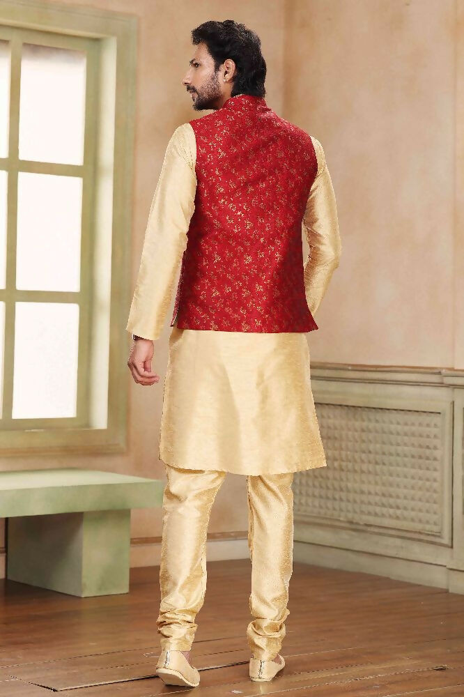 Raivat Ethnic Jacquard Banarasi Silk Woven Work 3 Pics Jacket Set In Maroon Colour - Distacart