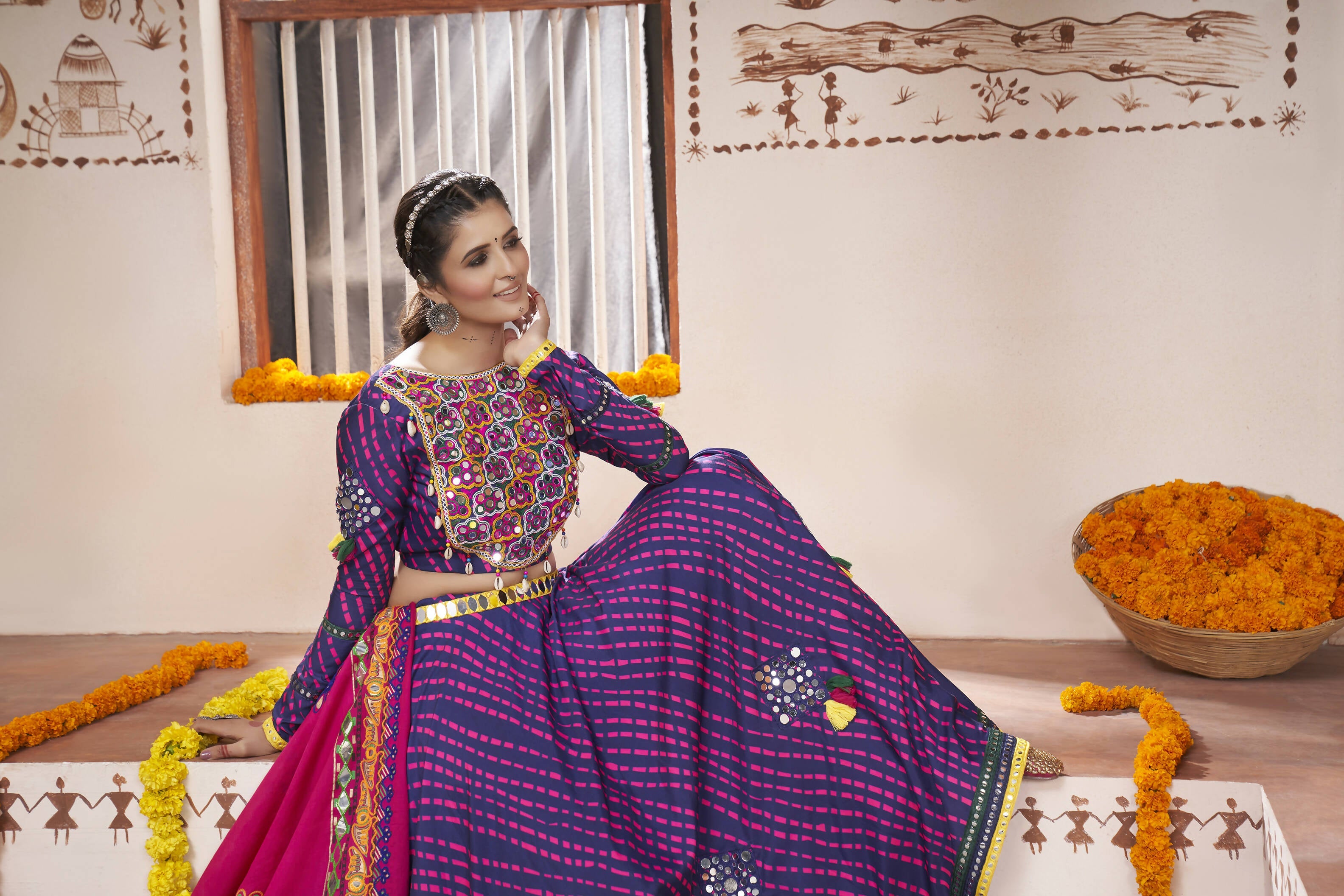 Blue Rayon All over Print with Embroidery Patch Work Navratri Lehenga Choli with Dupatta - Raas