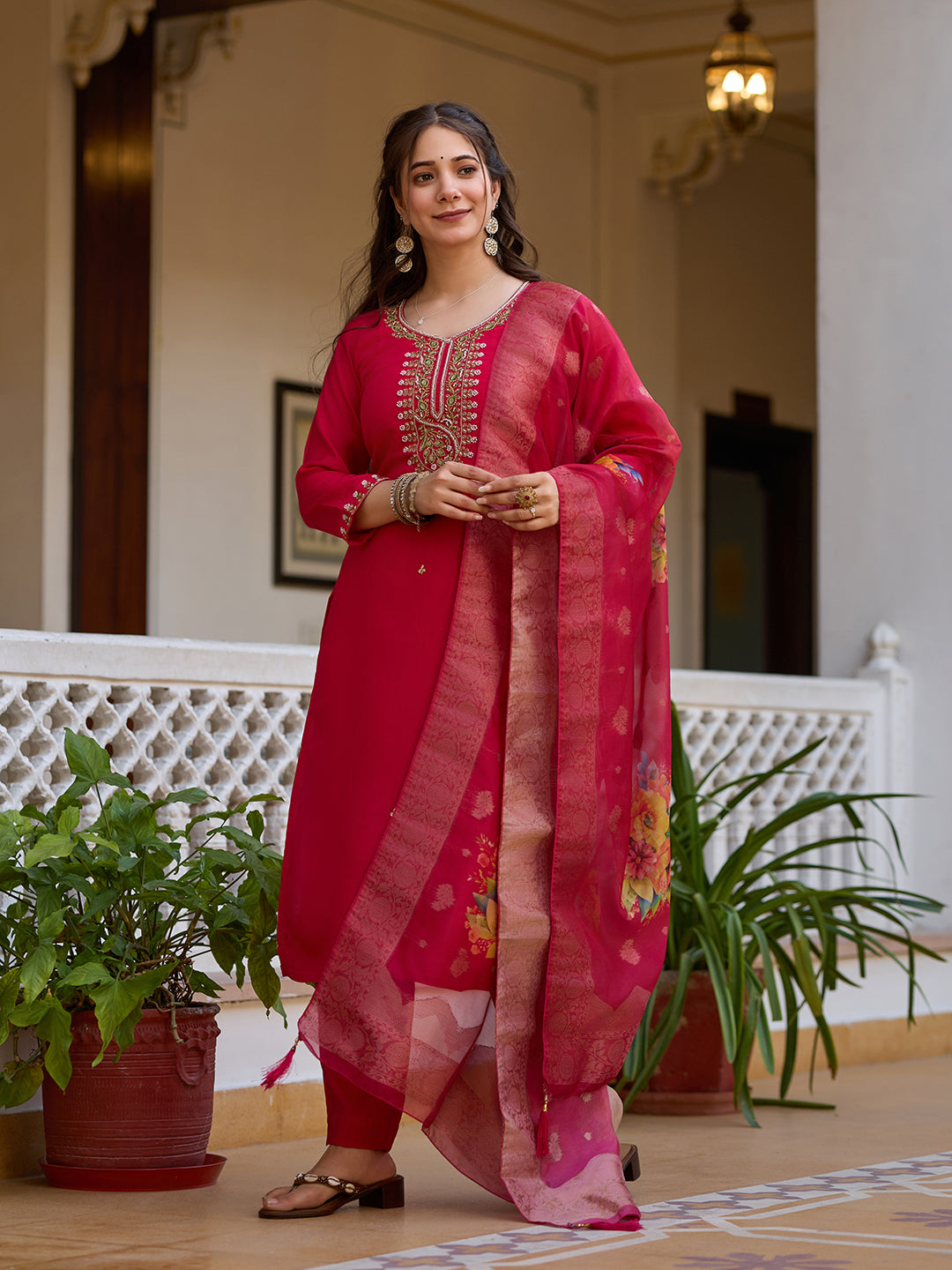 The52 Beautiful Viscose Chanderi Fabric Straight Kurta, Pant and Dupatta Set - Distacart