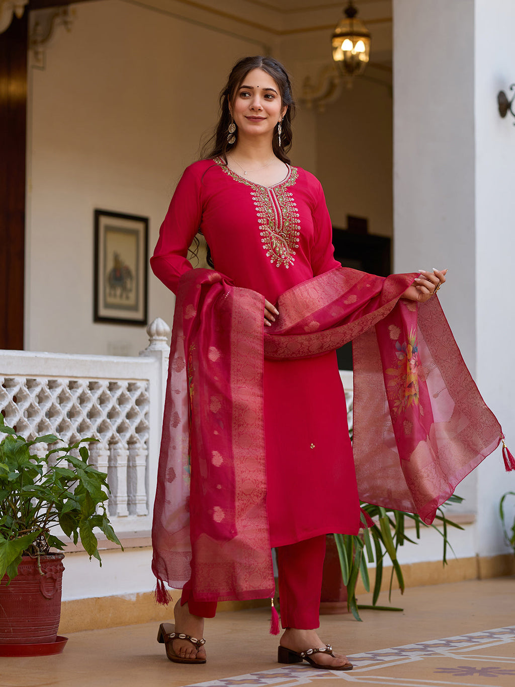 The52 Beautiful Viscose Chanderi Fabric Straight Kurta, Pant and Dupatta Set - Distacart