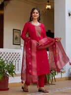 The52 Beautiful Viscose Chanderi Fabric Straight Kurta, Pant and Dupatta Set - Distacart