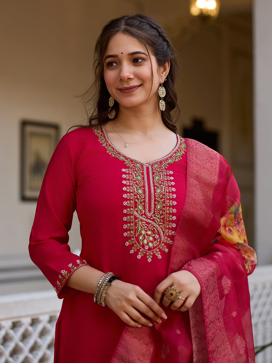 The52 Beautiful Viscose Chanderi Fabric Straight Kurta, Pant and Dupatta Set - Distacart