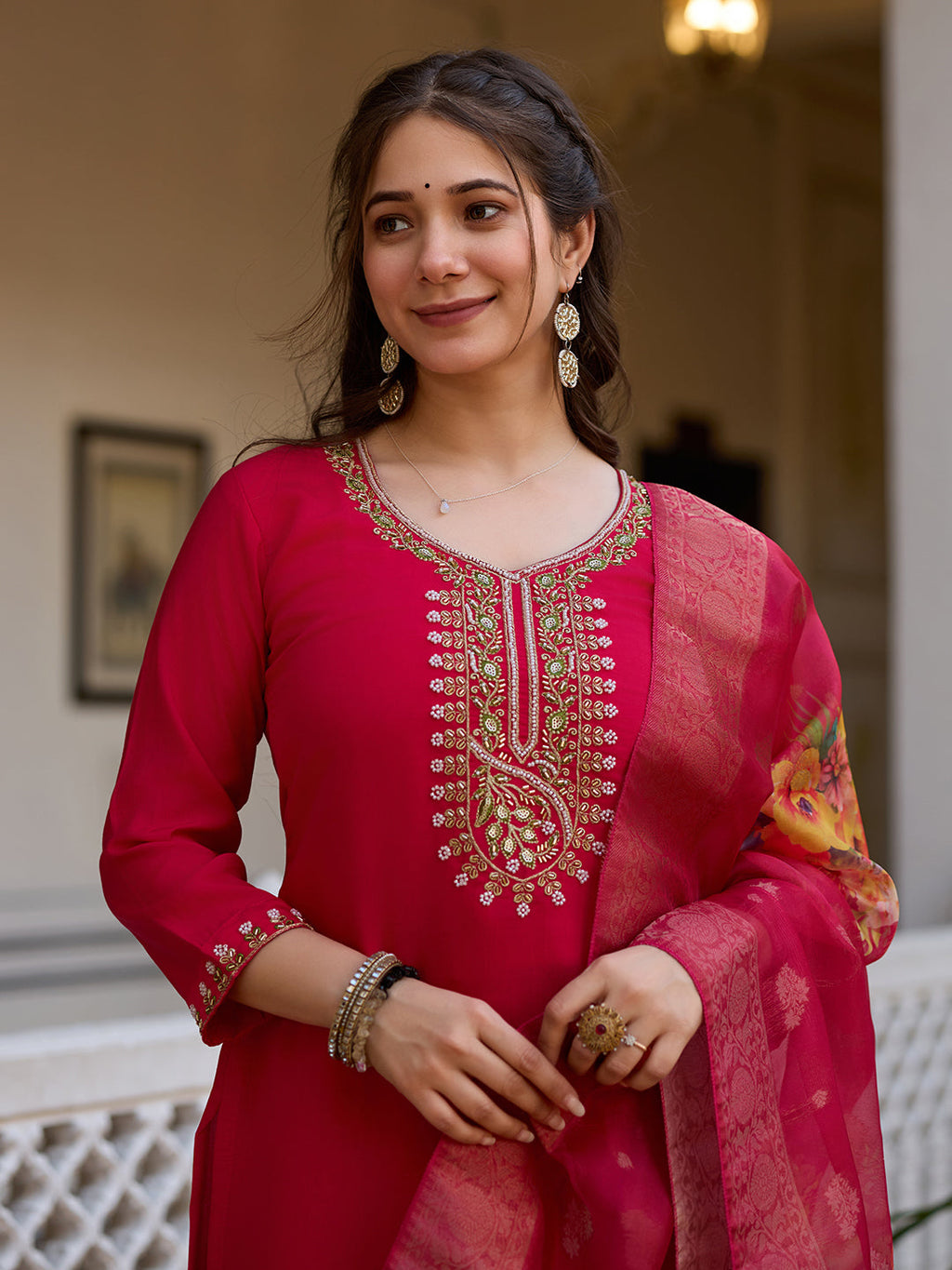 The52 Beautiful Viscose Chanderi Fabric Straight Kurta, Pant and Dupatta Set - Distacart