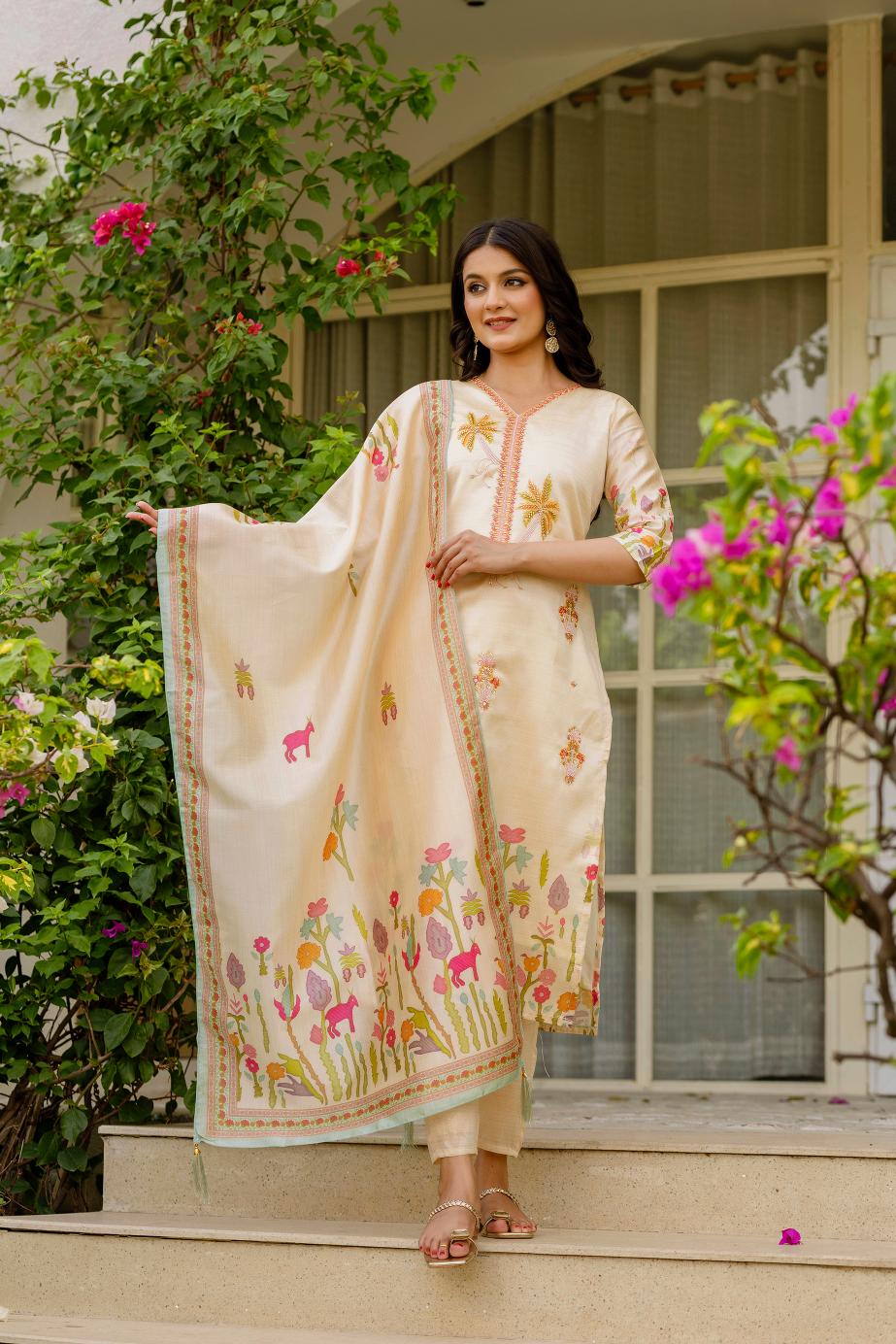 The52 Women's Viscose Assam Silk Embroidered Straight Kurta with Pant And Dupatta Set - Distacart