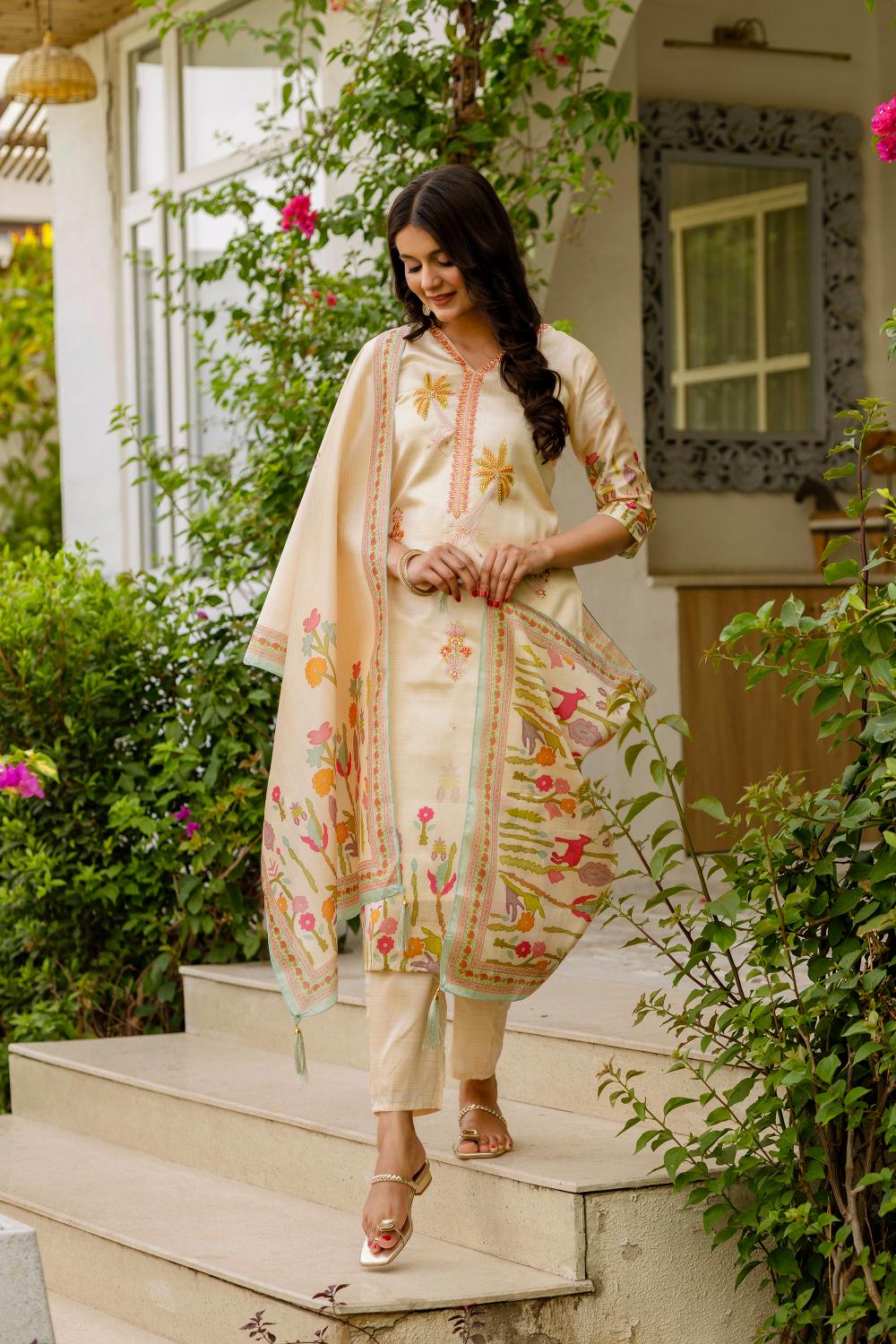 The52 Women's Viscose Assam Silk Embroidered Straight Kurta with Pant And Dupatta Set - Distacart