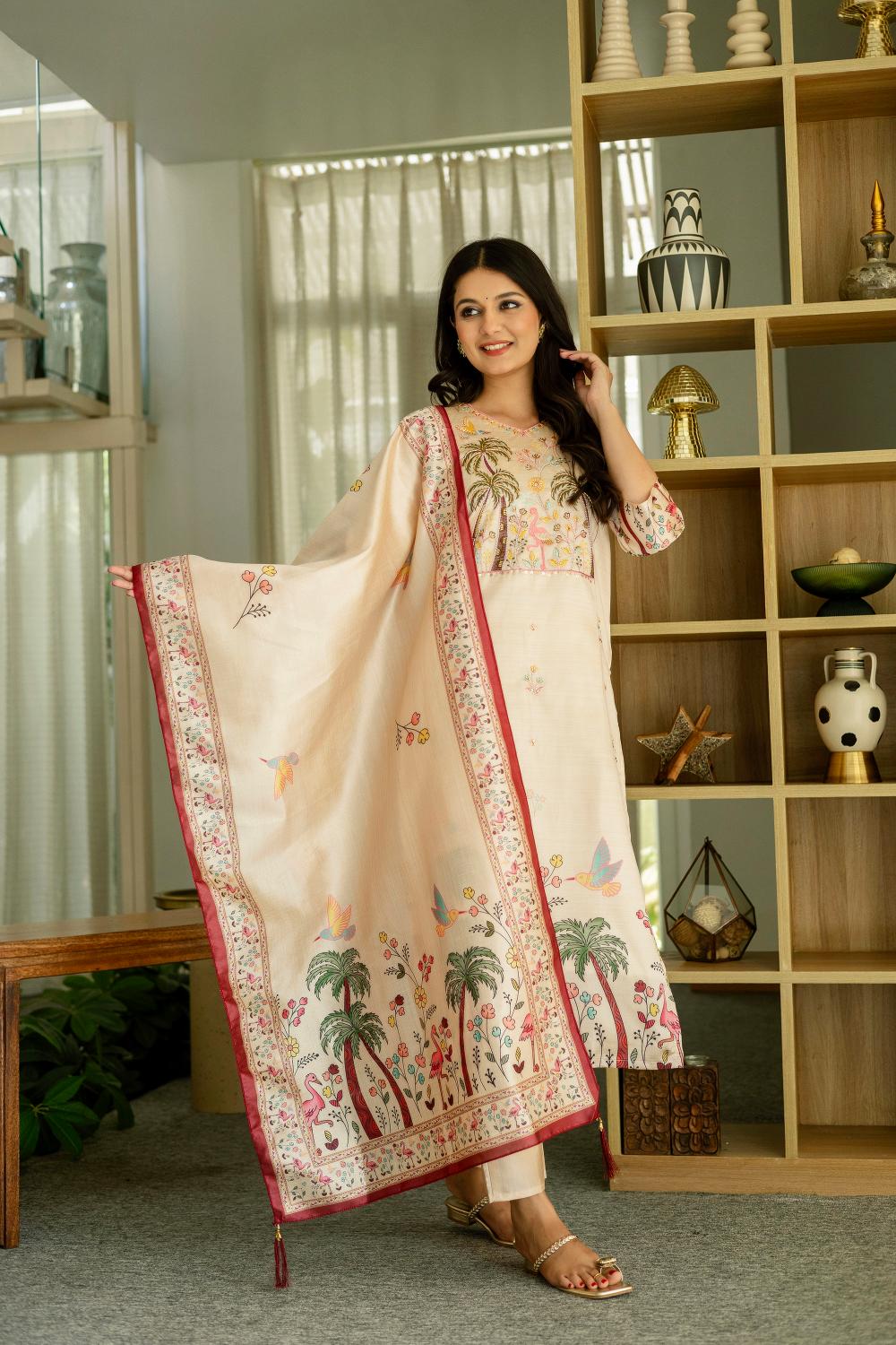 The52 Women's Beautiful Viscose Assam Silk Embroidered Straight Kurta with Pant And Dupatta Set - Distacart