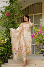 The52 Women's Beautiful Viscose Assam Silk Embroidered Straight Kurta with Pant And Dupatta Set - Distacart