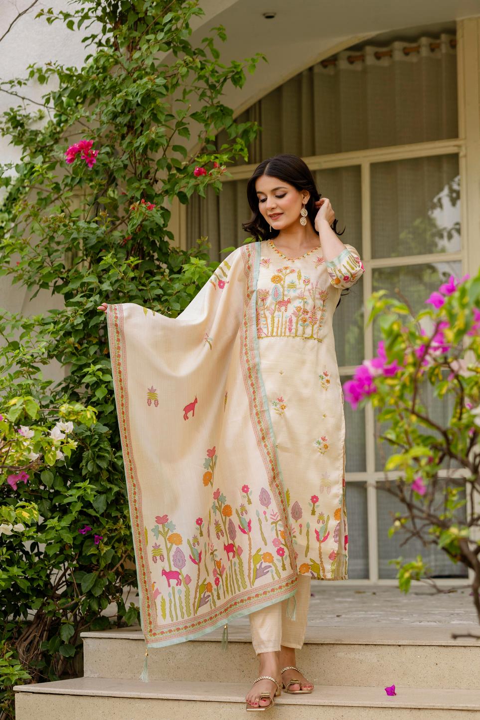 The52 Women's Beautiful Viscose Assam Silk Embroidered Straight Kurta with Pant And Dupatta Set - Distacart