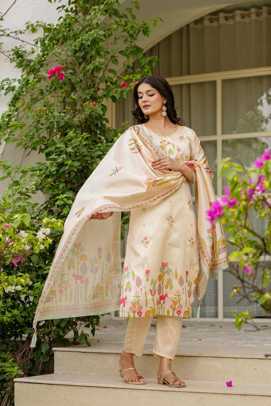 The52 Women's Beautiful Viscose Assam Silk Embroidered Straight Kurta with Pant And Dupatta Set - Distacart