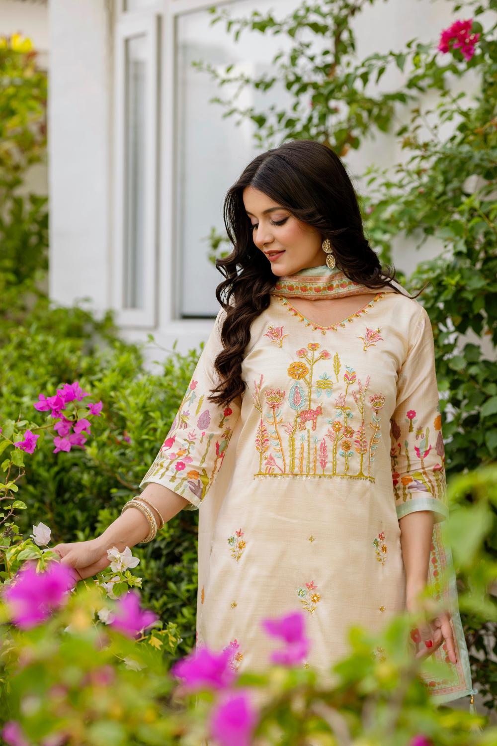 The52 Women's Beautiful Viscose Assam Silk Embroidered Straight Kurta with Pant And Dupatta Set - Distacart