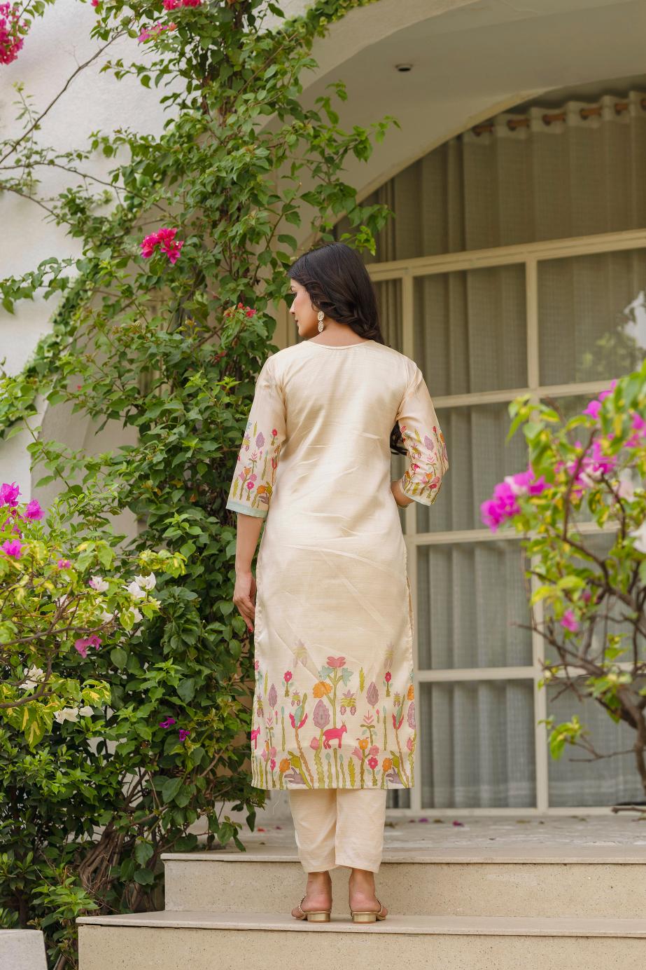 The52 Women's Beautiful Viscose Assam Silk Embroidered Straight Kurta with Pant And Dupatta Set - Distacart