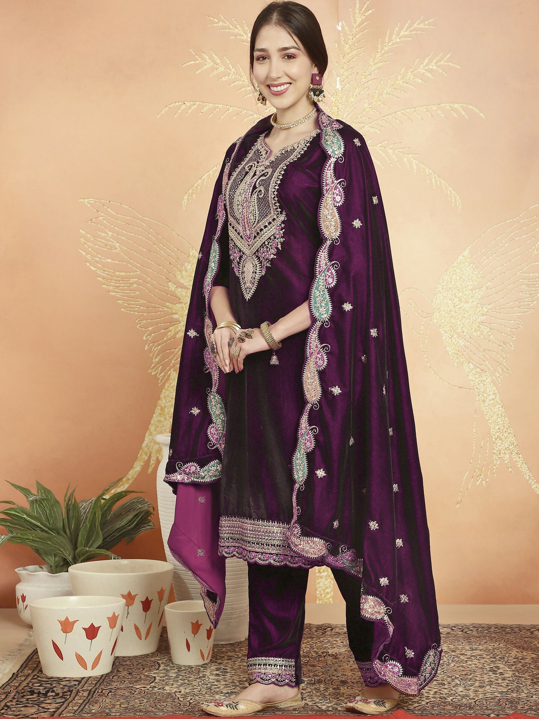 Jyoti Fashion Women's Wine Velvet Cording with Resham Thread & Sequin Kurta with Trouser & Dupatta