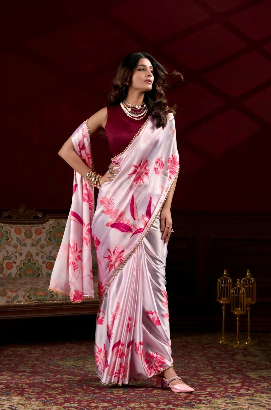 Vastranavya Baby Pink Satin Silk Floral Printed with Pearl Lace Saree with Unstitched Blouse - Distacart
