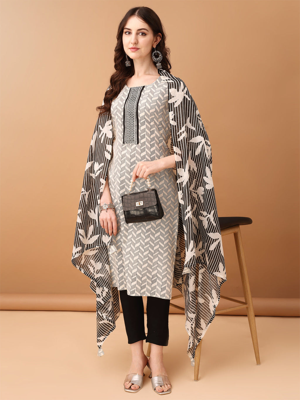 Embroidered & Printed Kurta With Pant & Printed Dupatta, Black - Hiral Fashion - Distacart