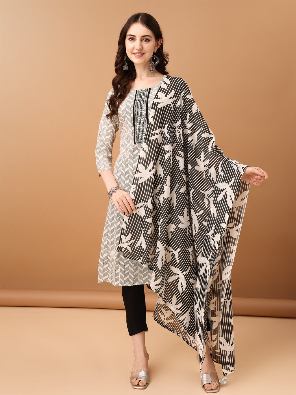 Embroidered & Printed Kurta With Pant & Printed Dupatta, Black - Hiral Fashion - Distacart