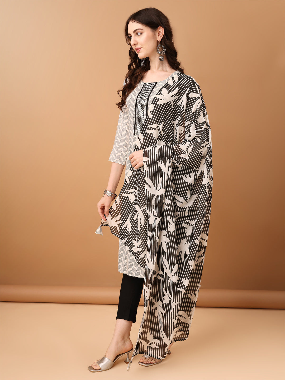 Embroidered & Printed Kurta With Pant & Printed Dupatta, Black - Hiral Fashion - Distacart