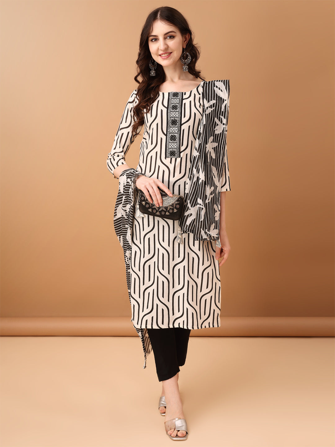 Embroidered & Printed Kurta With Pant & Printed Dupatta, Black - Hiral Fashion - Distacart