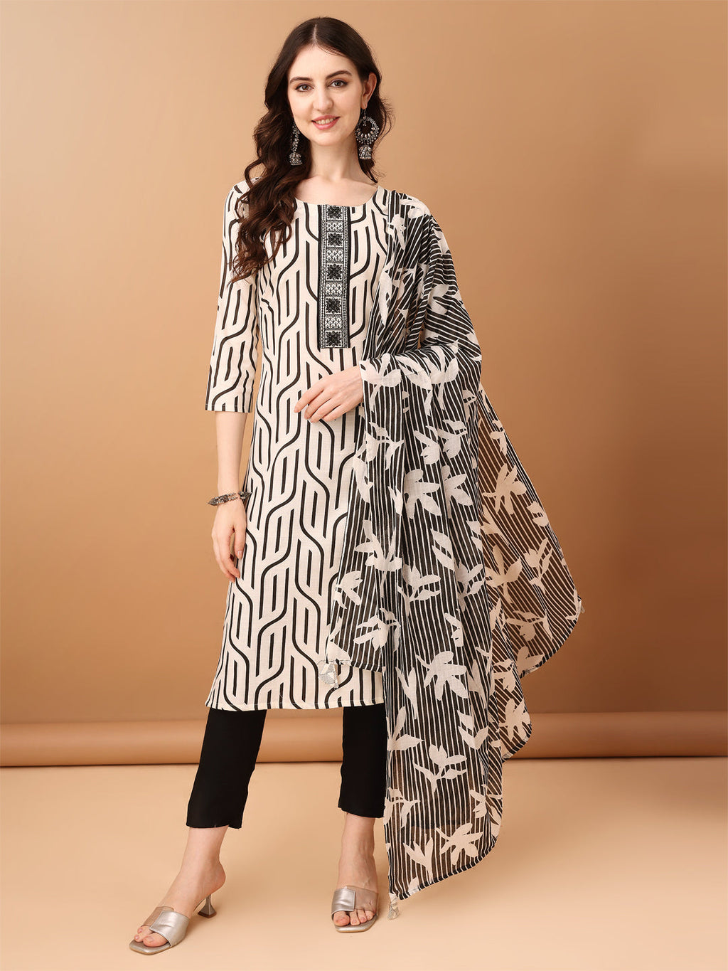 Embroidered & Printed Kurta With Pant & Printed Dupatta, Black - Hiral Fashion - Distacart